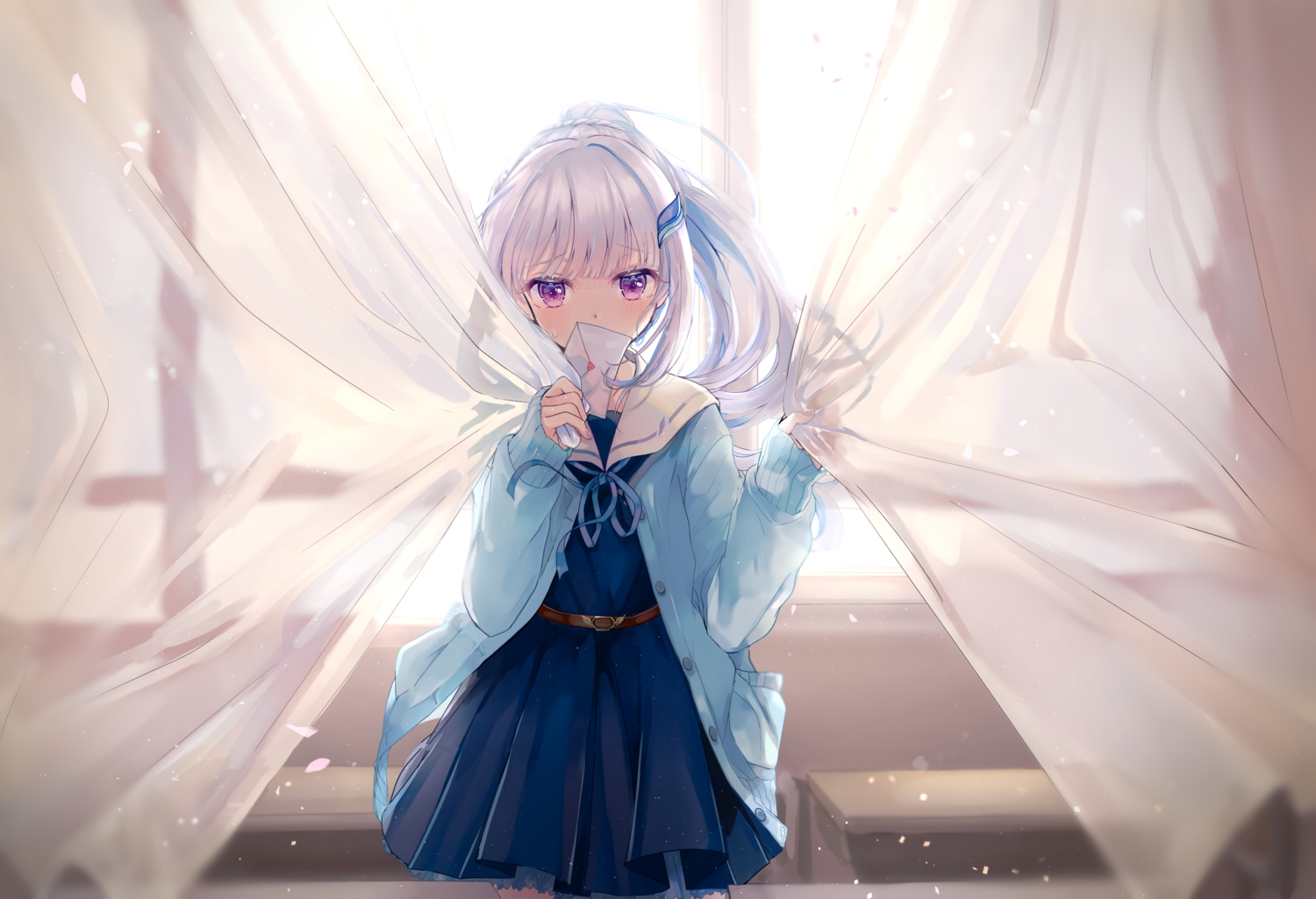 blush, dress, garter, lize_helesta, long_hair, nijisanji, paper, ponytail, purple_eyes, school_uniform, white_hair, yunmi_0527