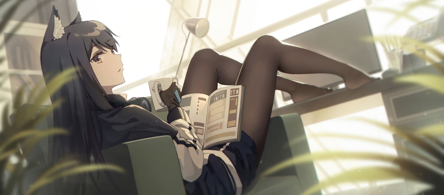 animal_ears, arknights, black_hair, book, brown_eyes, computer, cropped, drink