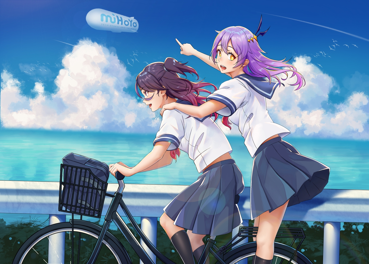 2girls, bicycle, blush, clouds, kneehighs, logo, long_hair, omohiro, original, purple_eyes, purple_hair, school_uniform, skirt, sky, water, yellow_eyes