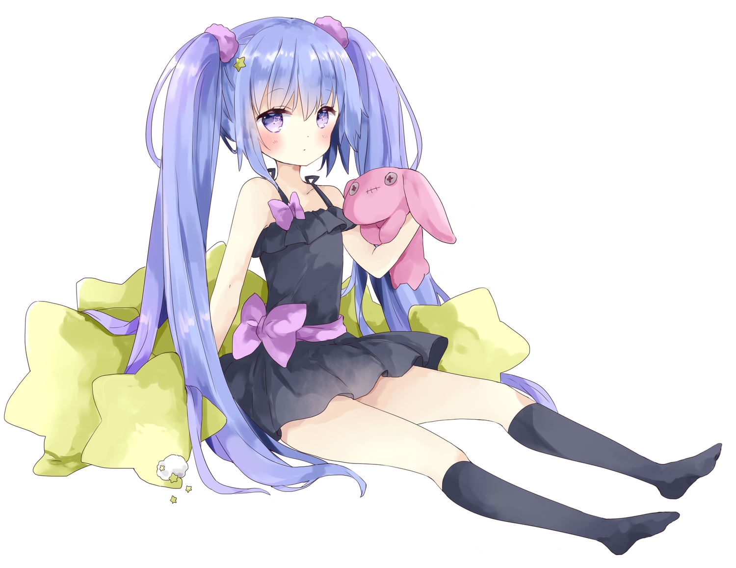 blue_hair, blush, bow, bunny, dress, kneehighs, loli, long_hair