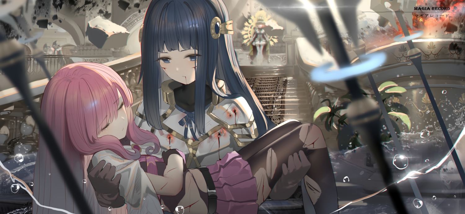 blood, blue_eyes, blue_hair, blush, cropped, hk_(hk), holy_mami, long_hair, magia_record:_mahou_shoujo_madoka_magica_gaiden, mahou_shoujo_madoka_magica, nanami_yachiyo, pantyhose, pink_hair, skirt, stairs, tamaki_iroha, tomoe_mami, torn_clothes