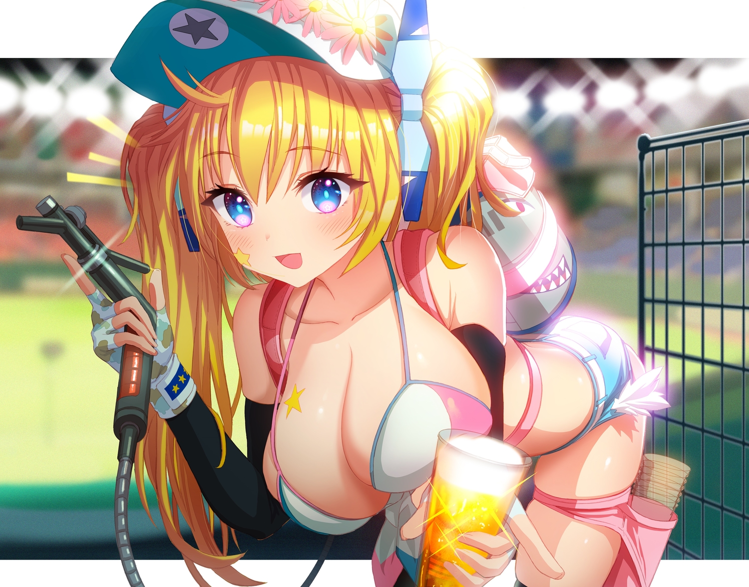 aqua_eyes, ass, bikini_top, blonde_hair, corsair_(monsuto), cropped, drink, gibagiba