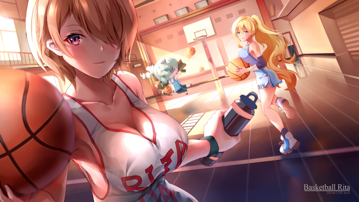 2girls, ball, basketball, blonde_hair, blue_eyes, blush, breasts, bronya_zaychik