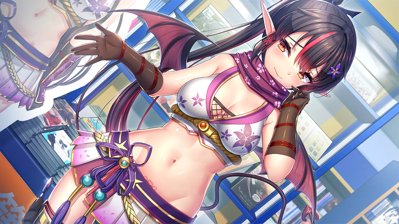akasaai, black_hair, breasts, cleavage, cosplay, demon, elbow_gloves, game_cg, gloves, lovelia, navel, ninja, orange_eyes, pointed_ears, qureate, skirt, succubus, tattoo, troubledays, wings