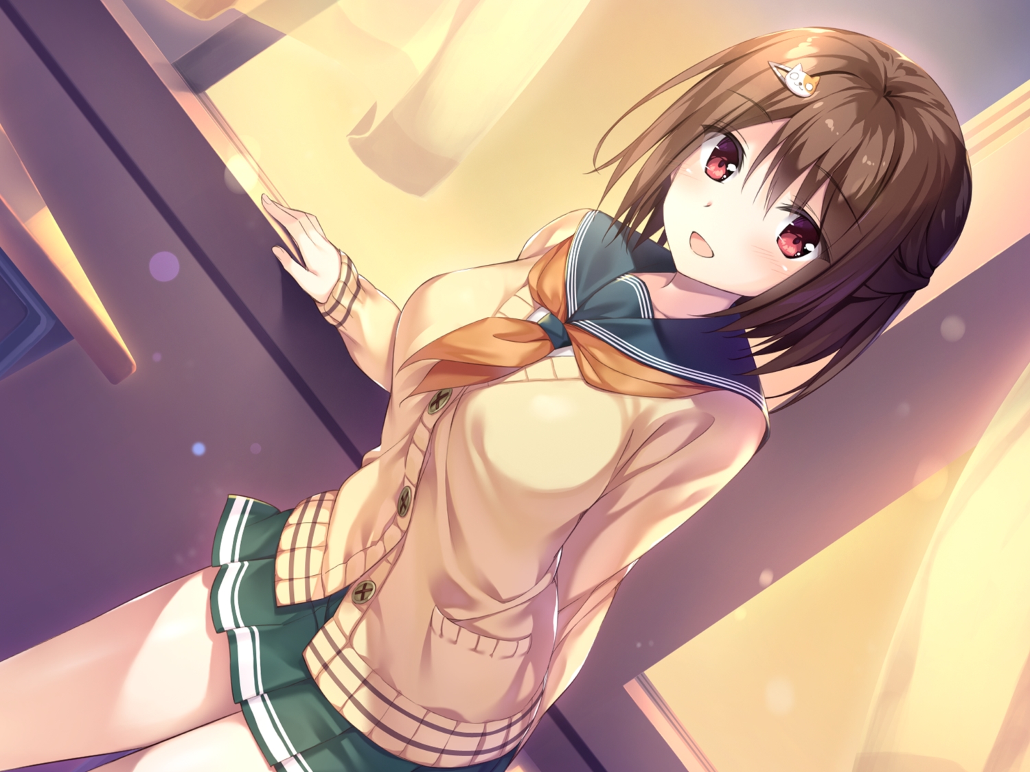 aibeya, azarashi_soft, brown_hair, game_cg, hayami_aki, oryou, red_eyes, school_uniform, short_hair, skirt