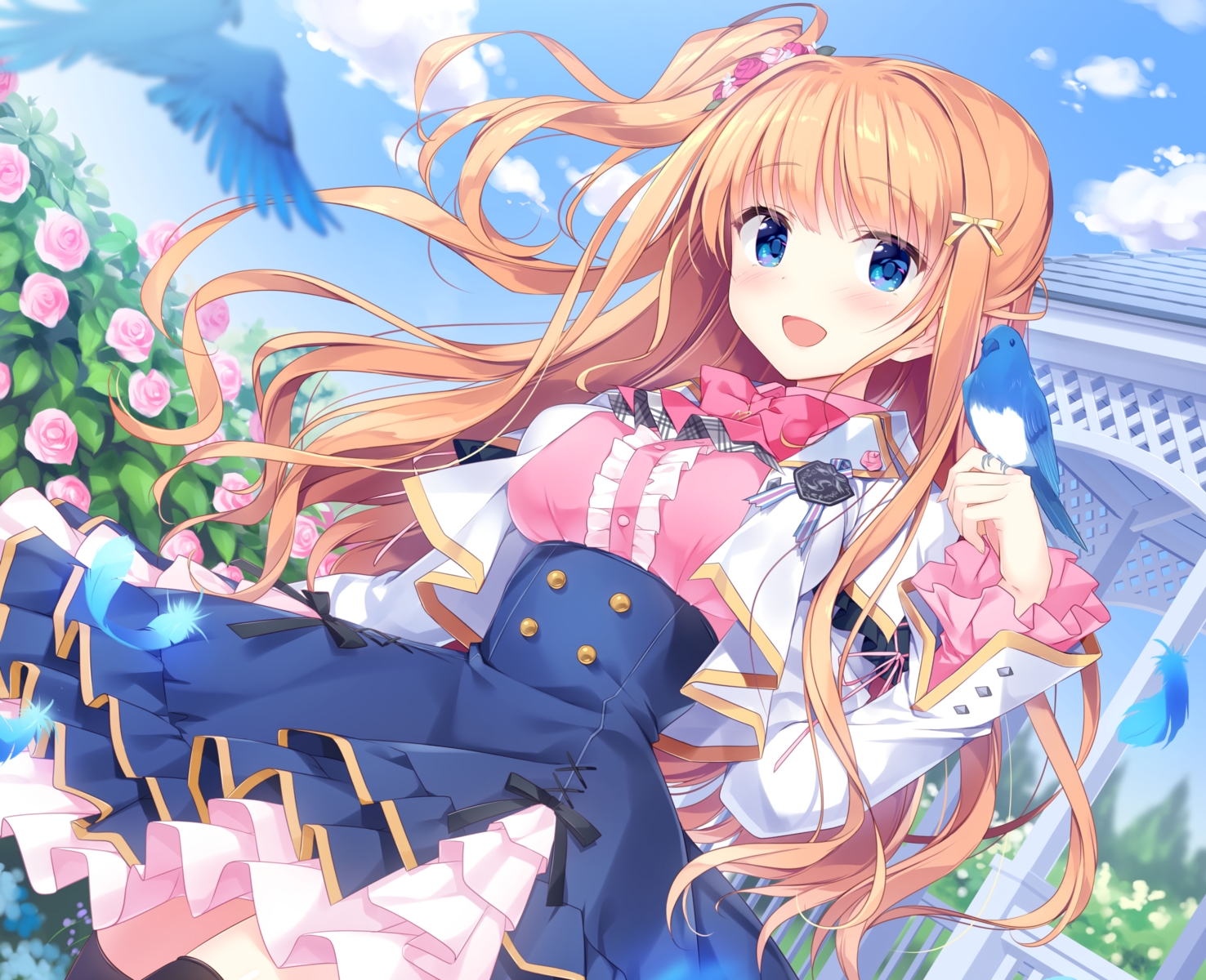 animal, bird, blue_eyes, blush, bow, clouds, cropped, date_situation_zukan