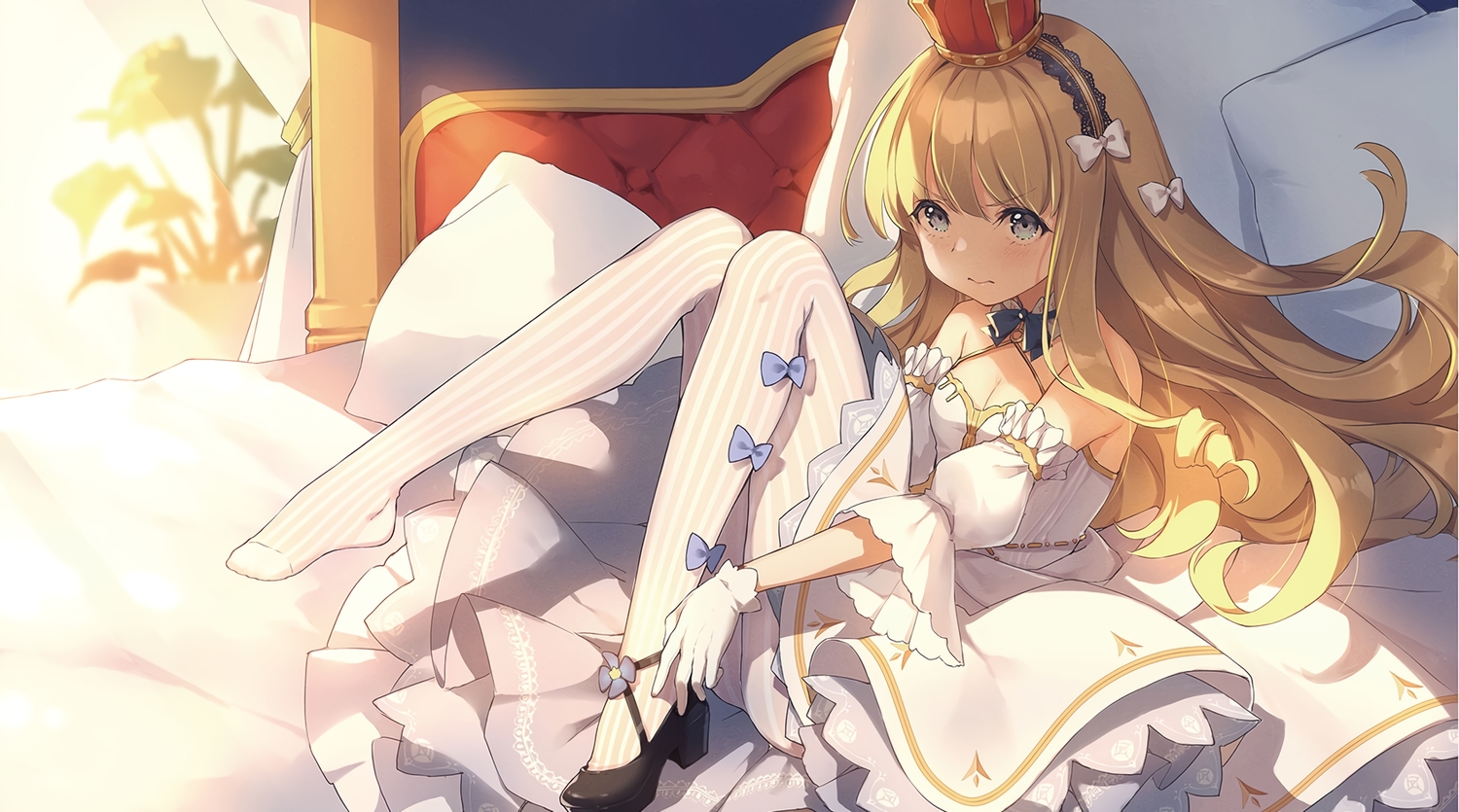 anthropomorphism, azur_lane, bed, blonde_hair, blue_eyes, blush, bow, cropped, crown, dress, headband, long_hair, pantyhose, queen_elizabeth_(azur_lane), scan, shin_(new)