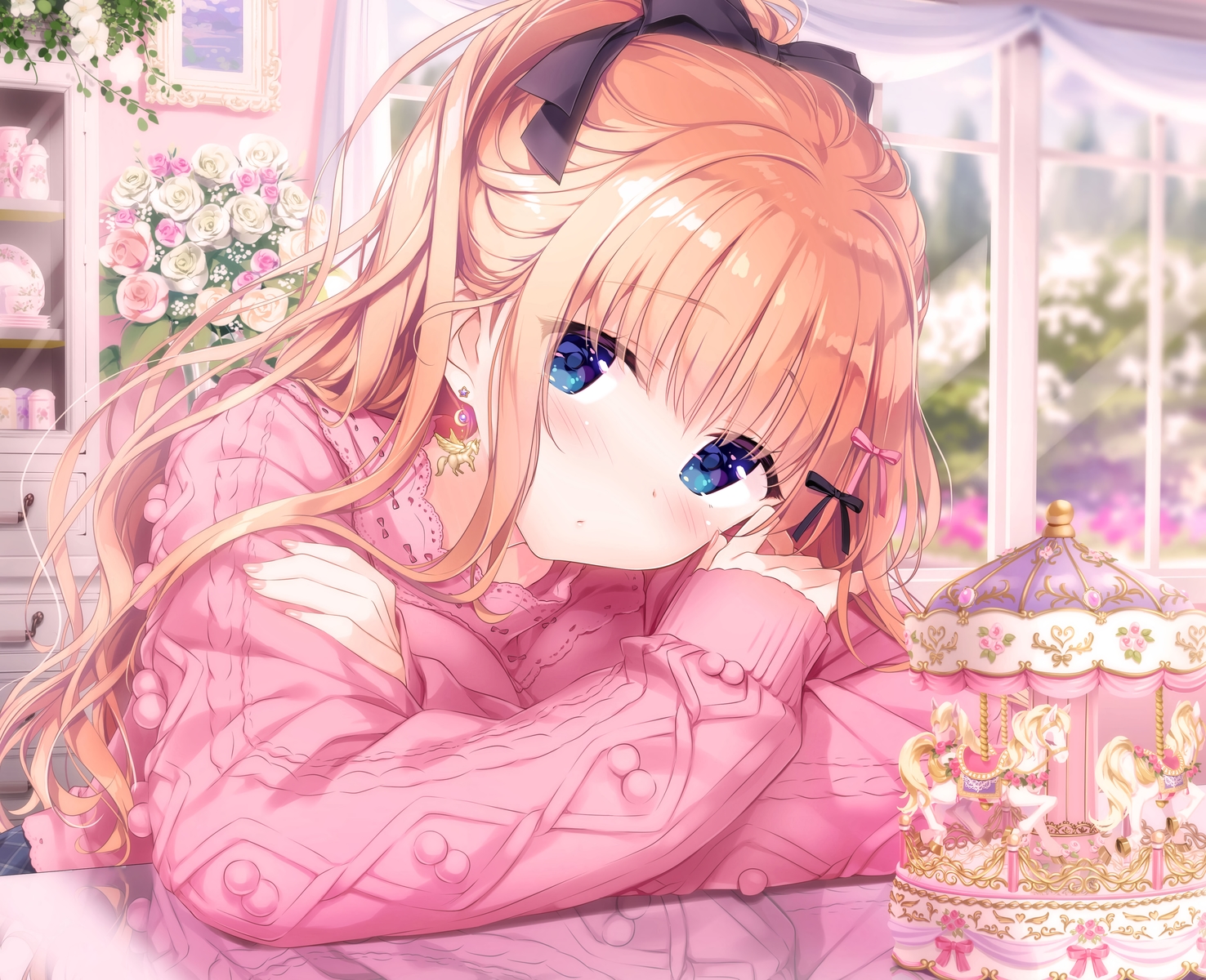 blue_eyes, blush, bow, cropped, date_situation_zukan, flowers, kimishima_ao, long_hair