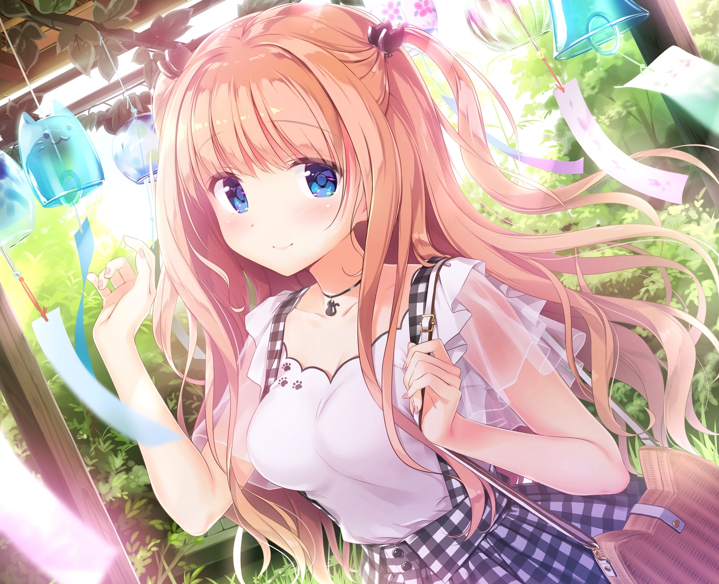 blue_eyes, blush, choker, cropped, date_situation_zukan, kimishima_ao, leaves, long_hair