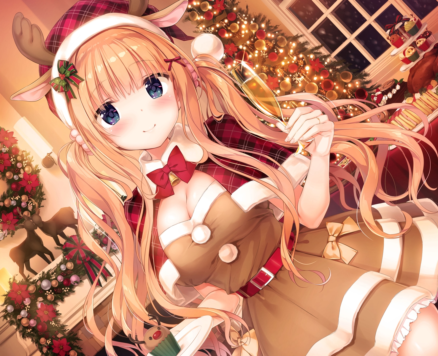 animal_ears, bell, blue_eyes, blush, bow, breasts, cake, cape