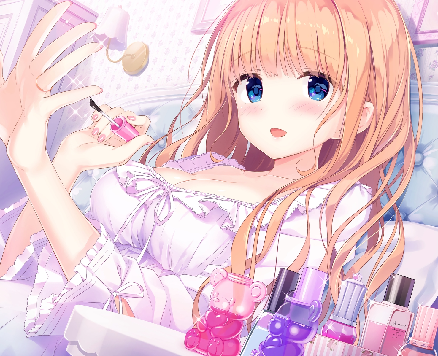 bed, blue_eyes, blush, breasts, cleavage, cropped, date_situation_zukan, kimishima_ao