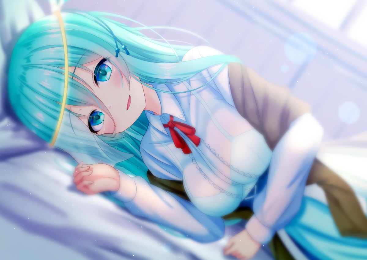 blush, breasts, cleavage, green_eyes, green_hair, hisori_channel, kakeyu, long_hair, sasayaki_hisori, see_through, shirt, skirt