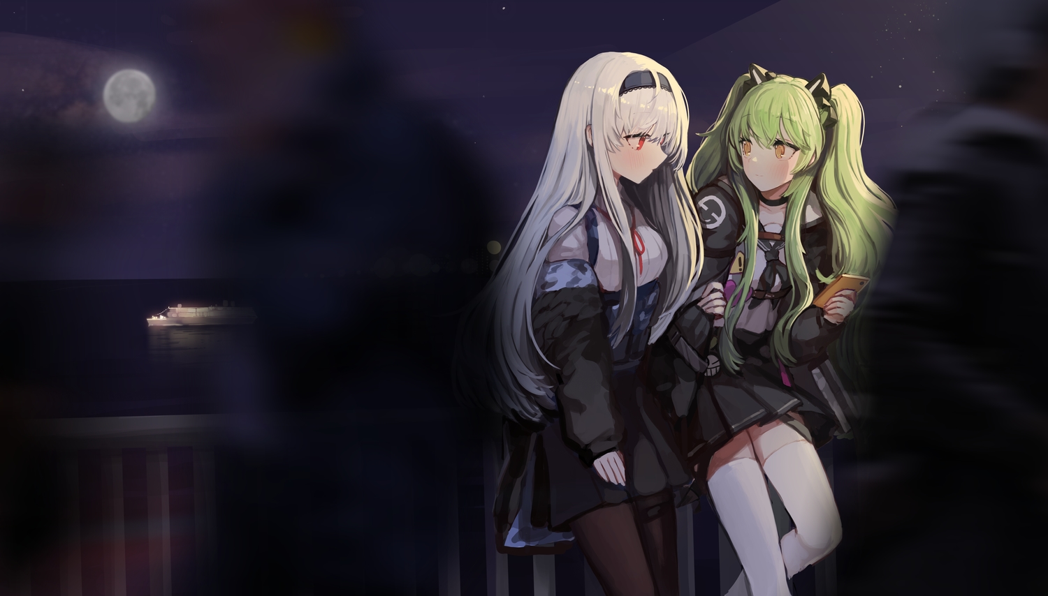 2girls, anthropomorphism, blush, boat, clouds, dark, girls_frontline, gray_hair