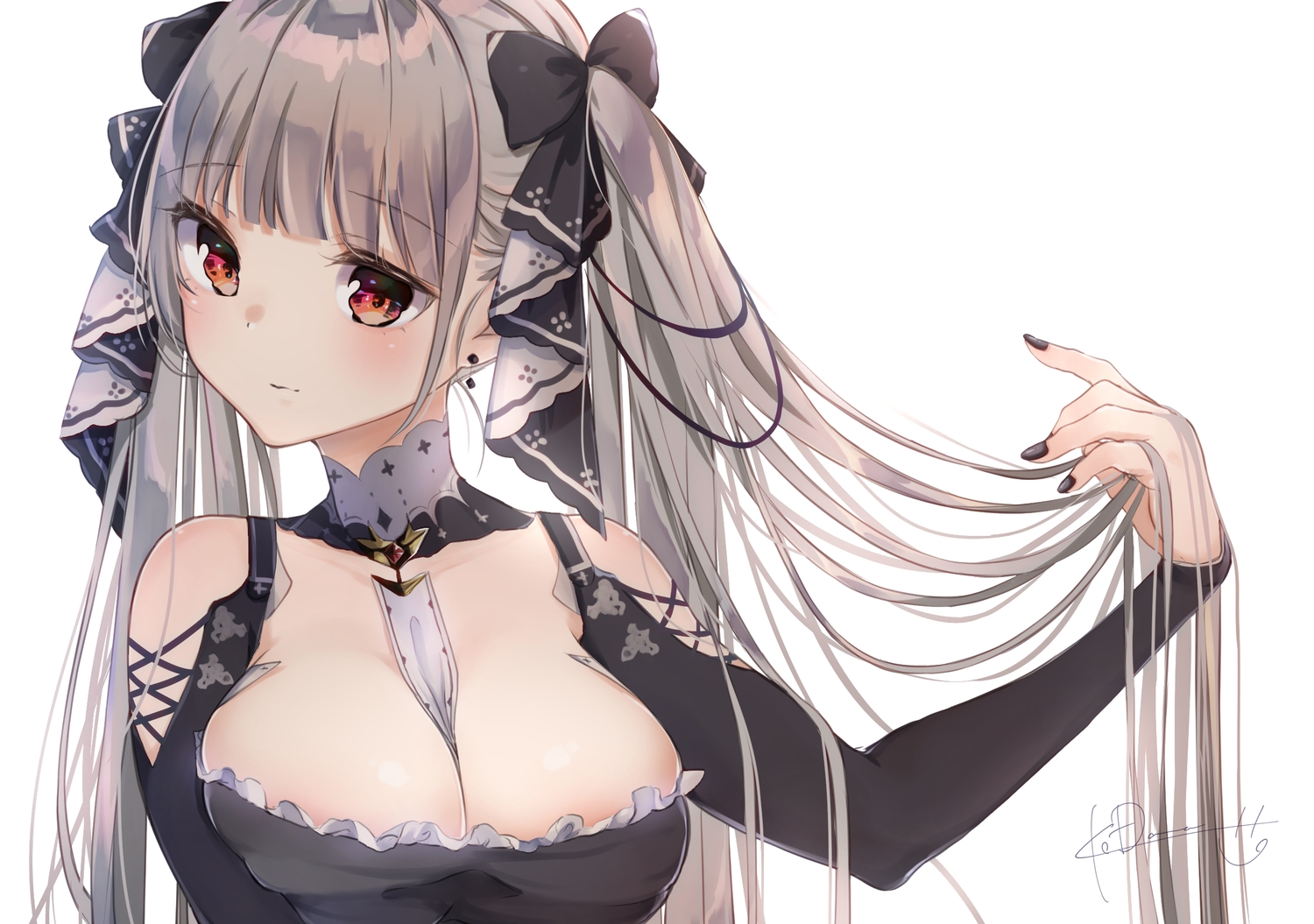 anthropomorphism, azur_lane, bow, breasts, cleavage, close, formidable_(azur_lane), goth-loli, gray_hair, kodama_(koda_mat), lolita_fashion, long_hair, red_eyes, signed, twintails