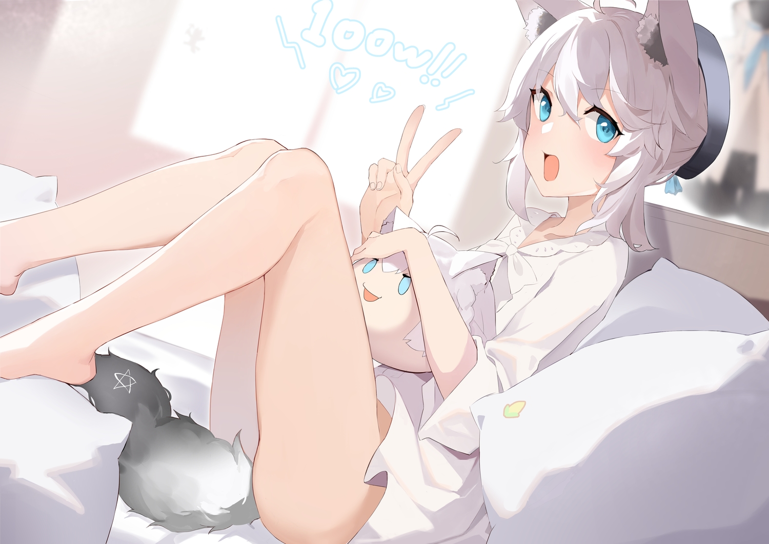 animal_ears, ass, barefoot, bed, blush, foxgirl, hat, hololive, meng_ge_3_(565571710), naked_shirt, shirakami_fubuki, shirt, tail, white_hair