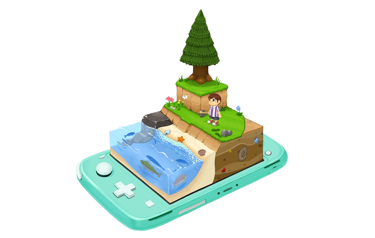 all_male, animal, beach, doubutsu_no_mori, fish, game_console, grass, lilac_(pfeasy)