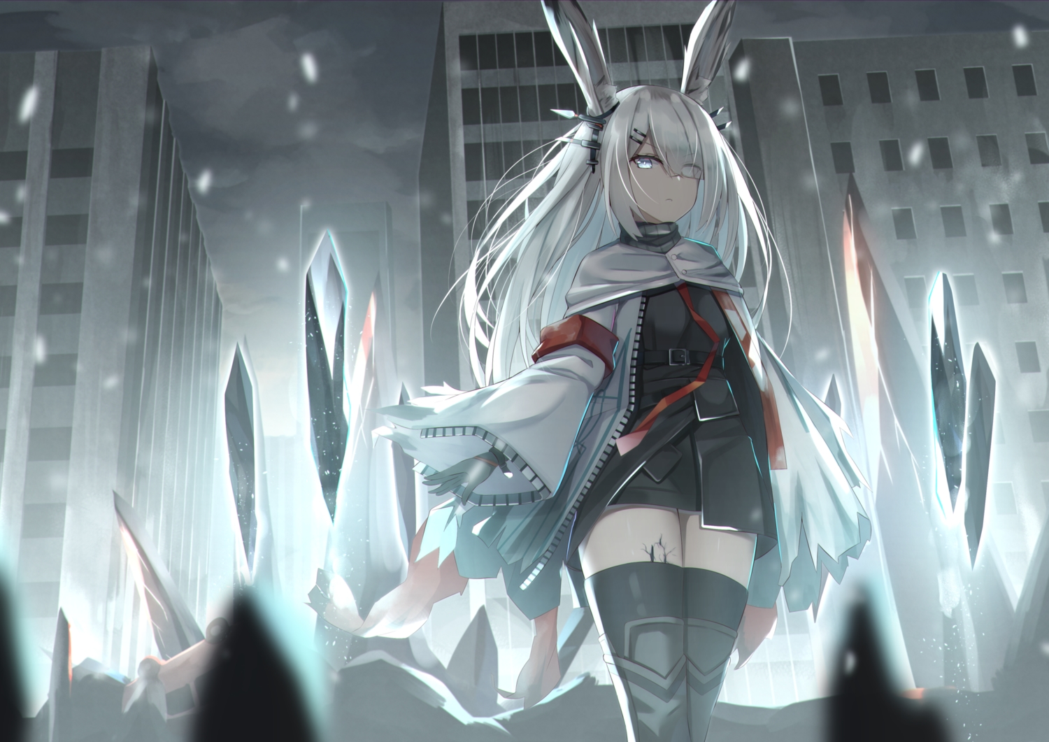 animal_ears, arknights, building, bunny_ears, bunnygirl, city, frostnova_(arknights), gray_hair