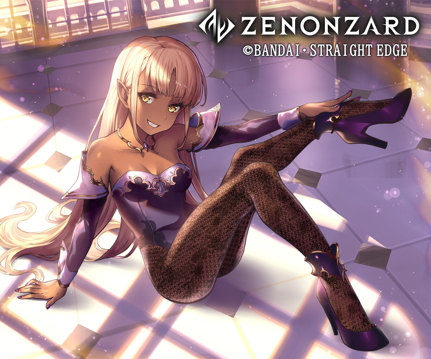 blonde_hair, dark_skin, essual_(layer_world), logo, long_hair, pointed_ears, yellow_eyes, zenonzard