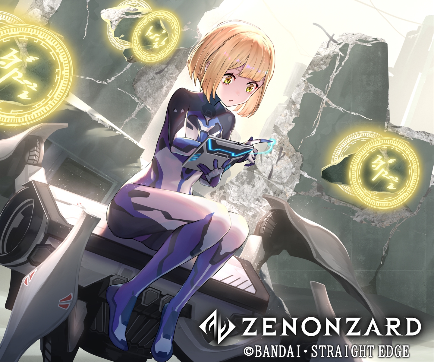 blonde_hair, bodysuit, computer, essual_(layer_world), logo, magic, mechagirl, ruins