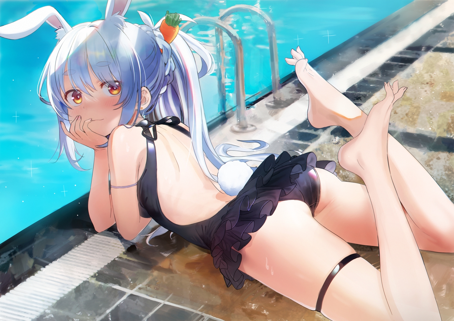animal_ears, ass, barefoot, blue_hair, braids, bunny_ears, bunnygirl, hololive, long_hair, ponytail, pool, red_eyes, seicoh, swimsuit, tail, usada_pekora, water