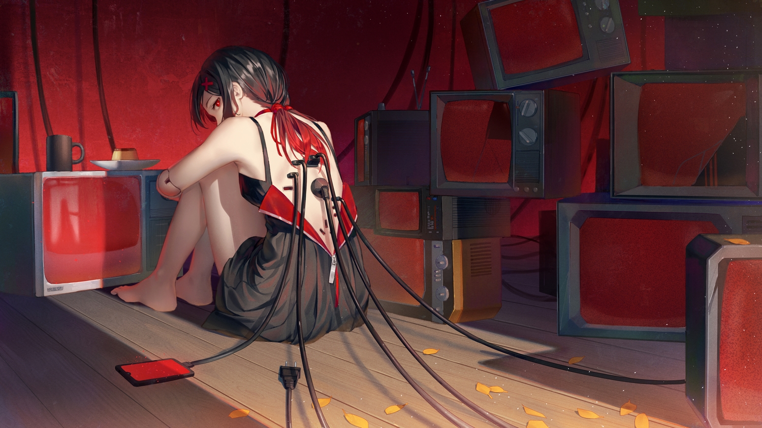 barefoot, black_hair, doll, dress, food, ji_dao_ji, long_hair, original, phone, red_eyes, summer_dress, techgirl, twintails