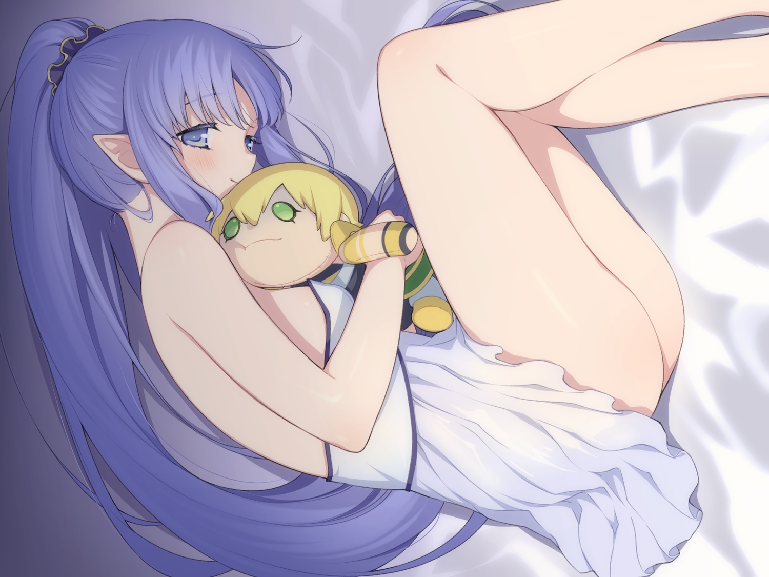 blue_eyes, blue_hair, blush, caster_lily, dress, fate/grand_order, fate_(series), long_hair, pointed_ears, ponytail, skirt_lift, tagme_(artist)