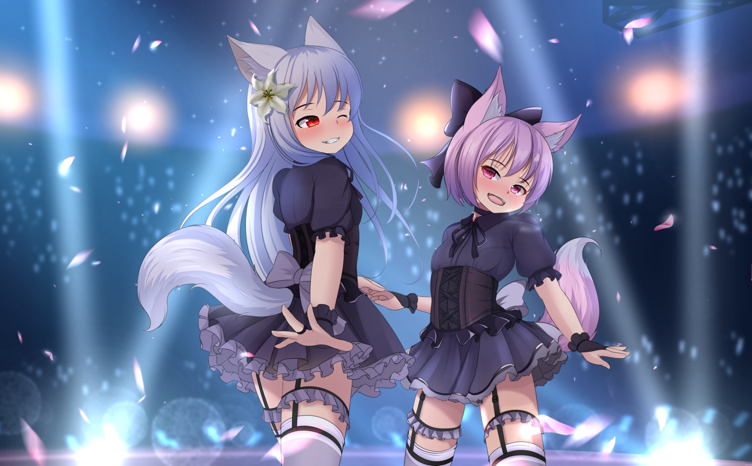 animal_ears, corset, fang, garter, garter_belt, gray_hair, hotel01, loli