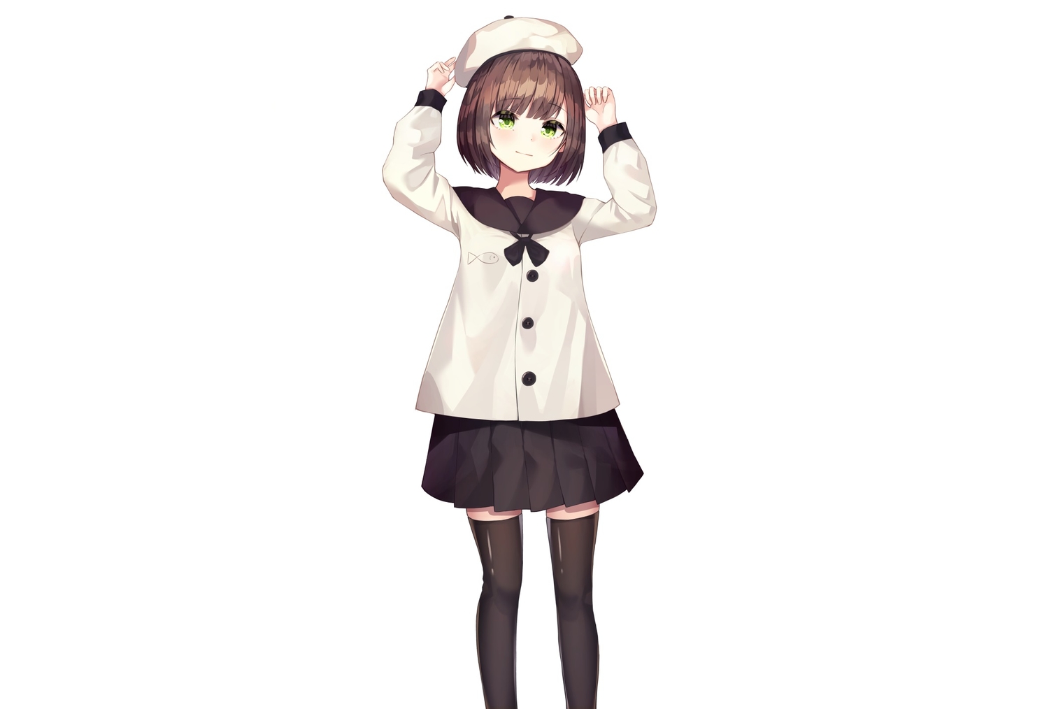 brown_hair, green_eyes, hat, original, school_uniform, shiro_(acad1213), short_hair, skirt, thighhighs, white