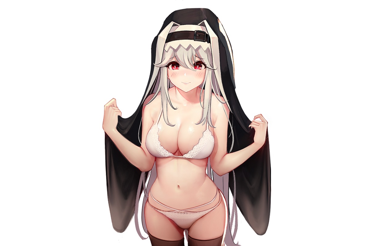 arknights, blush, bra, breasts, cleavage, gray_hair, headdress, long_hair, nun, panties, red_eyes, rix2118, specter_(arknights), thighhighs, underwear, white