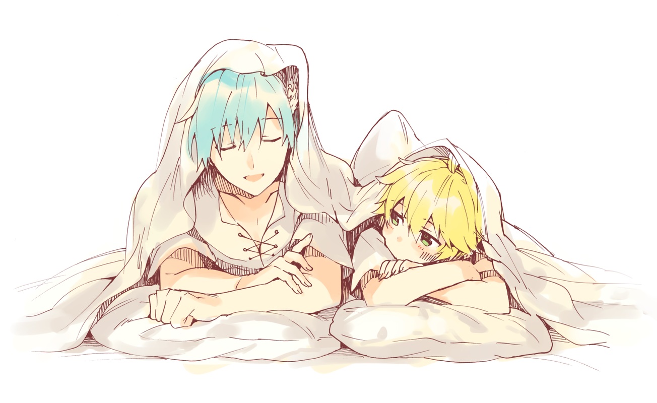 all_male, aqua_hair, bed, blonde_hair, green_eyes, kagamine_len, kaito, male