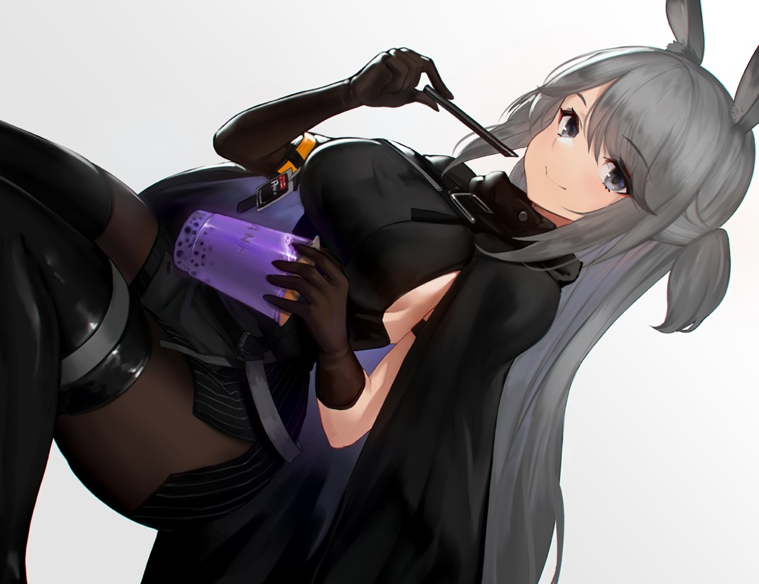 animal_ears, arknights, boots, breasts, bunny_ears, bunnygirl, cape, drink