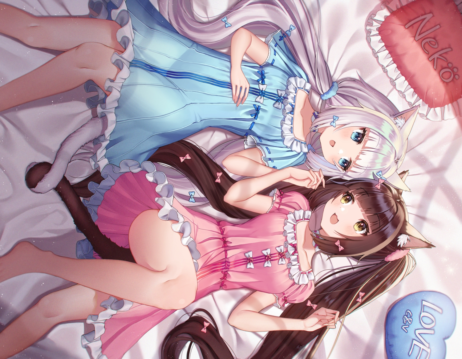 2girls, animal_ears, bed, blue_eyes, blush, brown_hair, catgirl, cat_smile