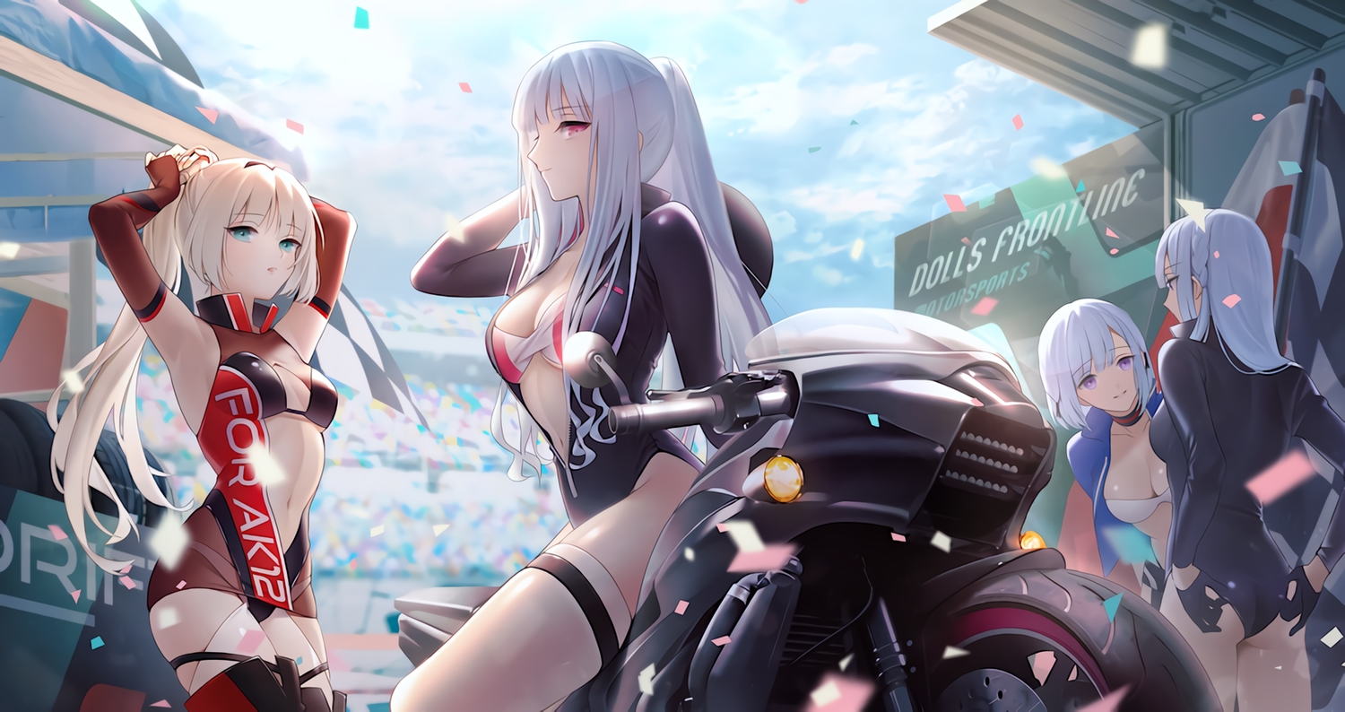 ak12_(girls_frontline), ak15_(girls_frontline), an94_(girls_frontline), anthropomorphism, ass, bikini, blonde_hair, bodysuit, braids, clouds, girls_frontline, gloves, gray_hair, group, leotard, long_hair, motorcycle, navel, pink_eyes, ponytail, purple_eyes, rpk-16_(girls_frontline), short_hair, sky, swimsuit, thighhighs, urano_ura, waifu2x, white_hair