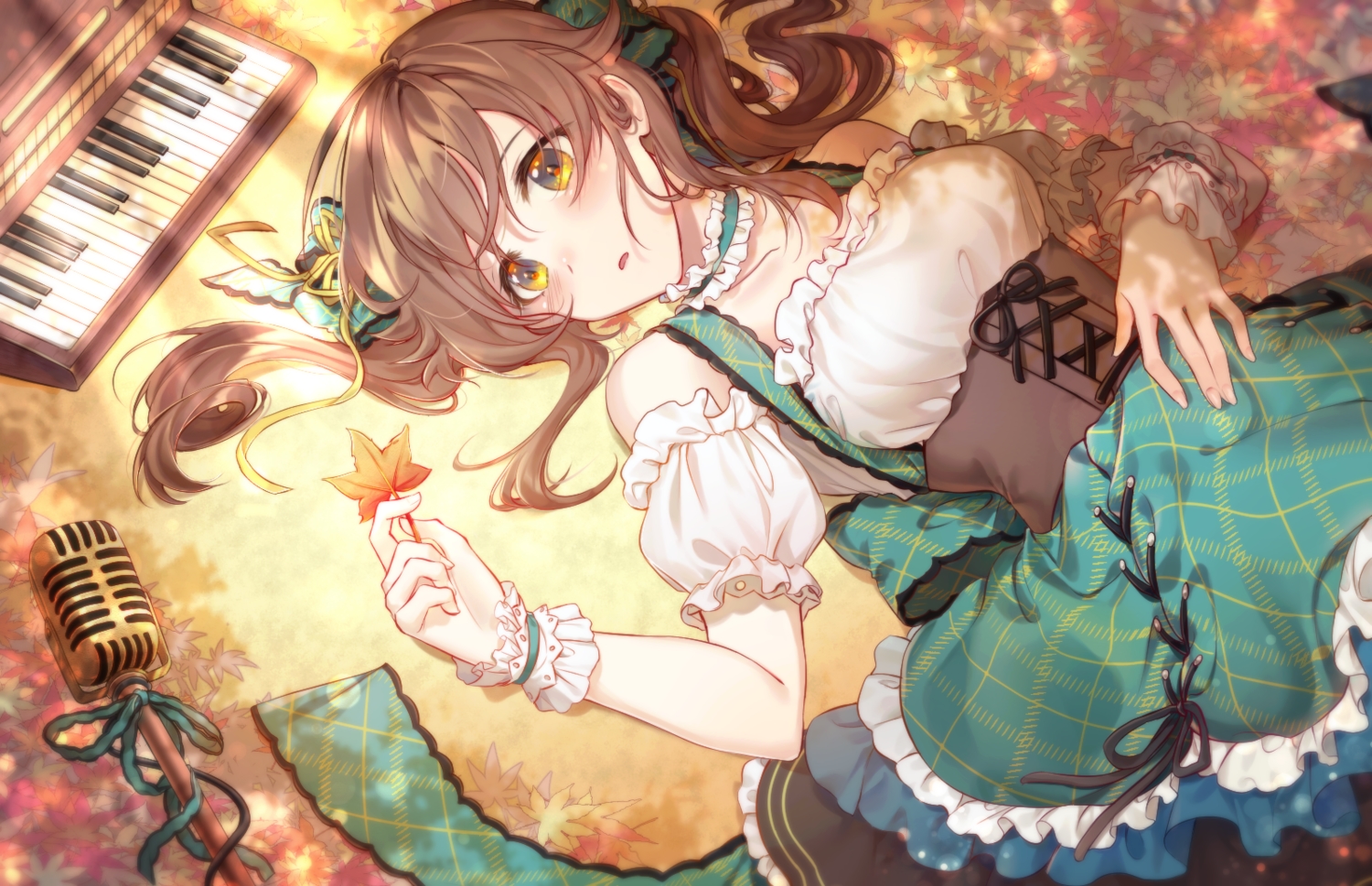 autumn, blush, brown_hair, corset, dress, idolmaster, idolmaster_cinderella_girls, instrument, leaves, long_hair, microphone, piano, rain_(regen), totoki_airi, twintails, wristwear, yellow_eyes
