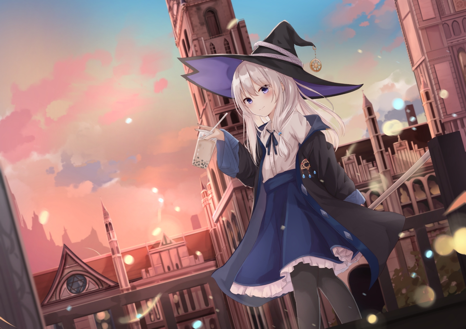building, clouds, drink, elaina_(majo_no_tabitabi), hat, long_hair, majo_no_tabitabi, pantyhose