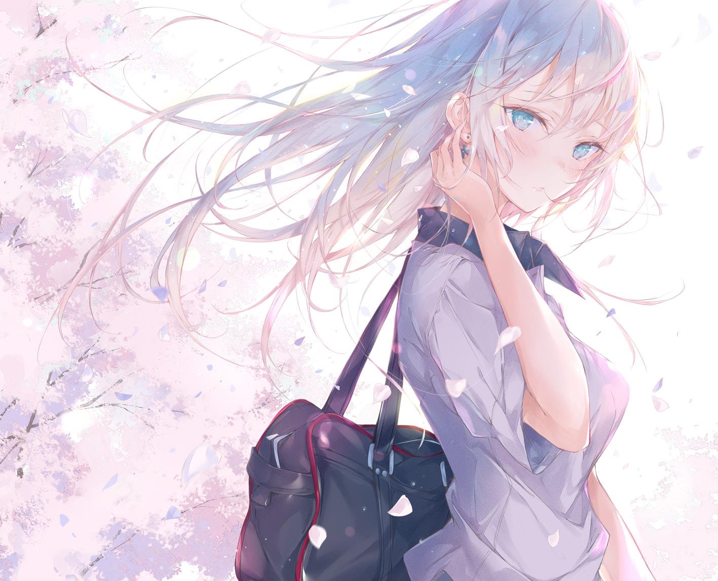 aqua_eyes, girls_und_panzer, gray_hair, itsumi_erika, long_hair, petals, pirobeelzebub, spring