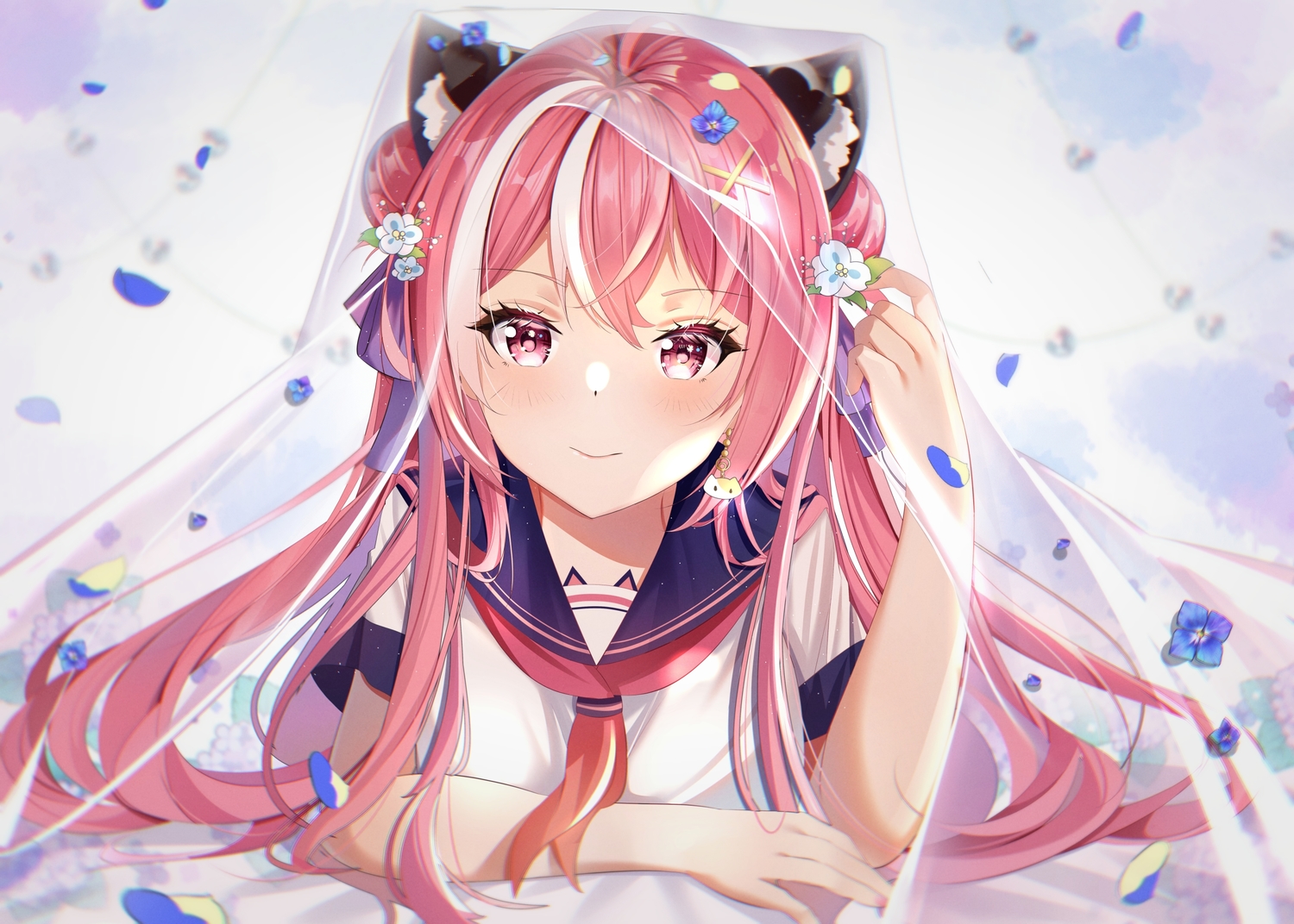 animal_ears, close, long_hair, miaoguujuun_qvq, original, pink_eyes, pink_hair, school_uniform