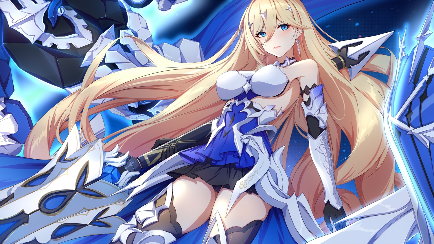 aqua_eyes, armor, blonde_hair, cameltoe, durandal_(honkai_impact), elbow_gloves, gloves, honkai_impact, honkai_(series), long_hair, mechagirl, spear, weapon, wu_ganlan_cai, zettai_ryouiki