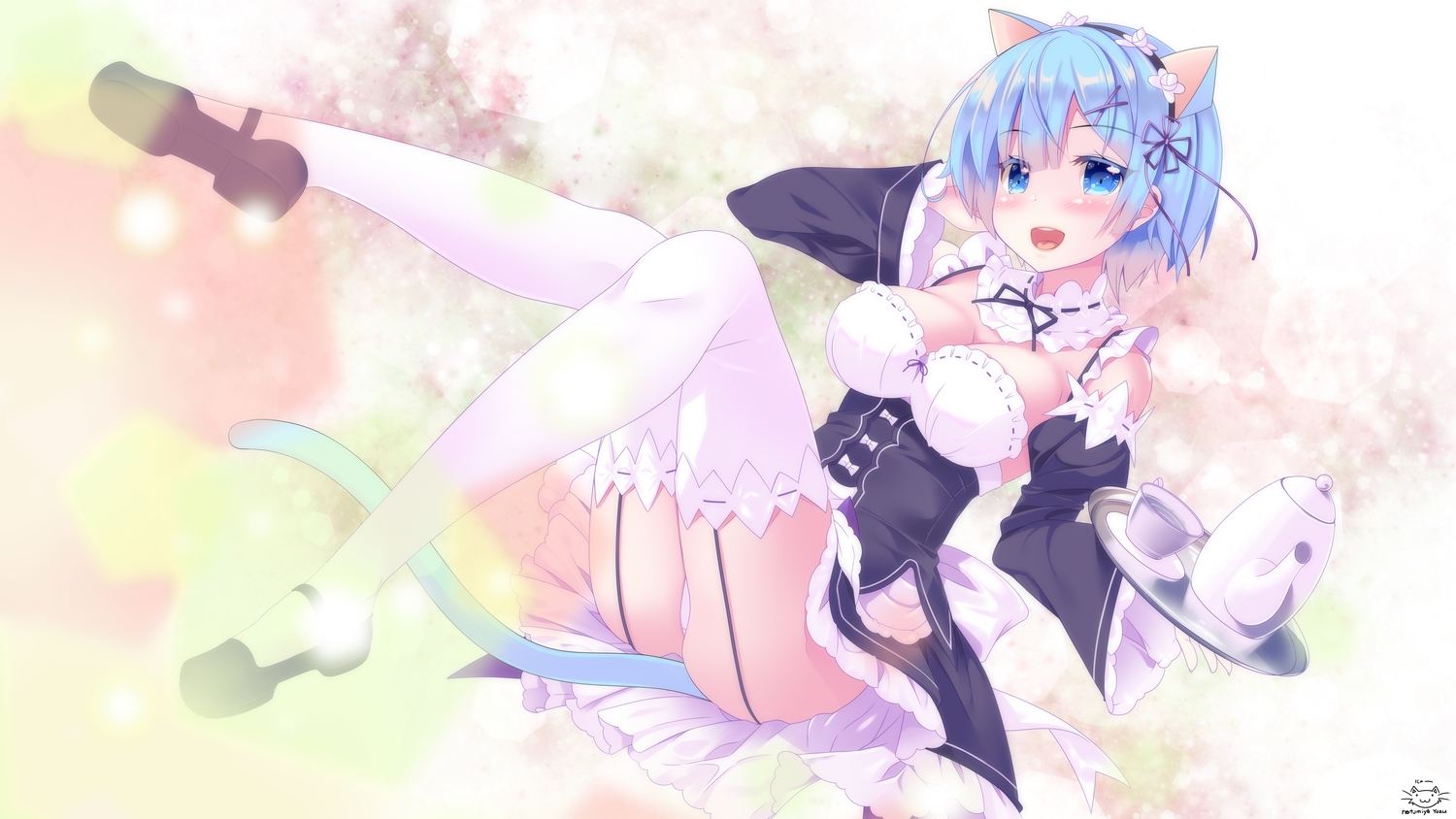 animal_ears, aqua_eyes, aqua_hair, blush, breasts, catgirl, cleavage, garter_belt, maid, natsumiya_yuzu, rem_(re:zero), re:zero_kara_hajimeru_isekai_seikatsu, short_hair, signed, stockings, tail