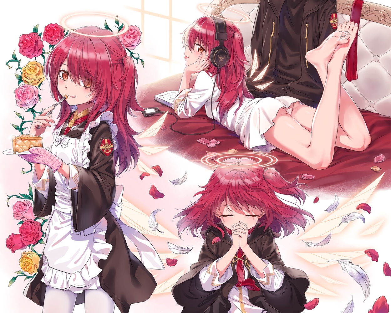 apron, arknights, barefoot, book, exusiai_(arknights), feathers, flowers, food, halo, headphones, ipod, kataokasan, maid, orange_eyes, panties, pantyhose, petals, ponytail, red_hair, rose, short_hair, tie, underwear, wings