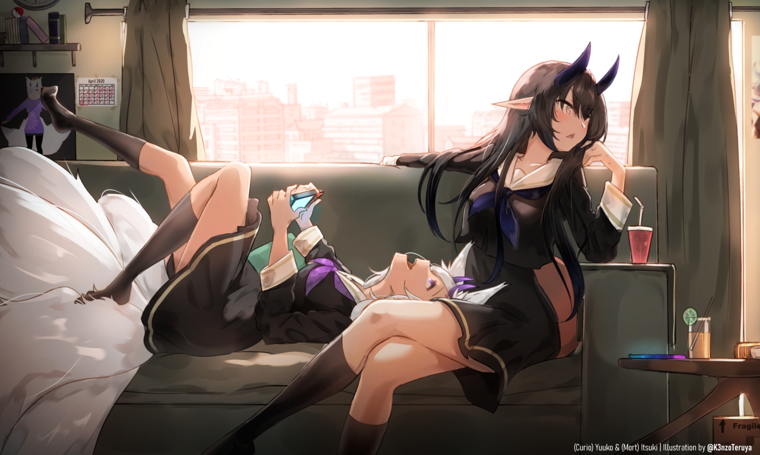 2girls, animal_ears, foxgirl, game_console, horns, k3nzoteruya, kneehighs, multiple_tails, original, pointed_ears, school_uniform, tail, watermark