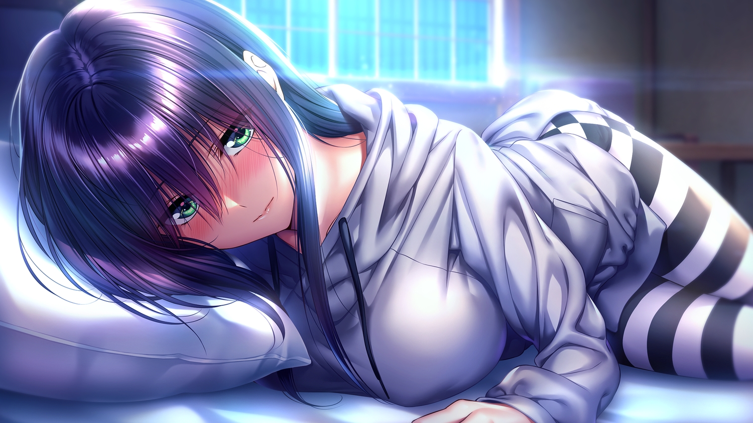 amakano_2, azarashi_soft, bed, blush, breasts, close, game_cg, green_eyes, himiyama_rei, hood, long_hair, piromizu, purple_hair