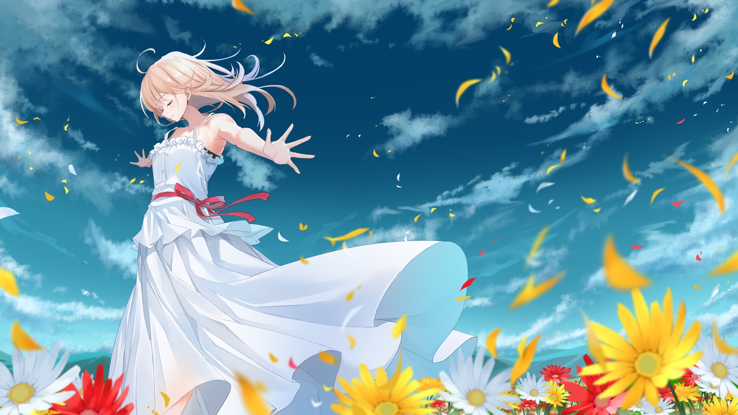 blonde_hair, clouds, dress, flowers, long_hair, original, sky, summer_dress, takenoko