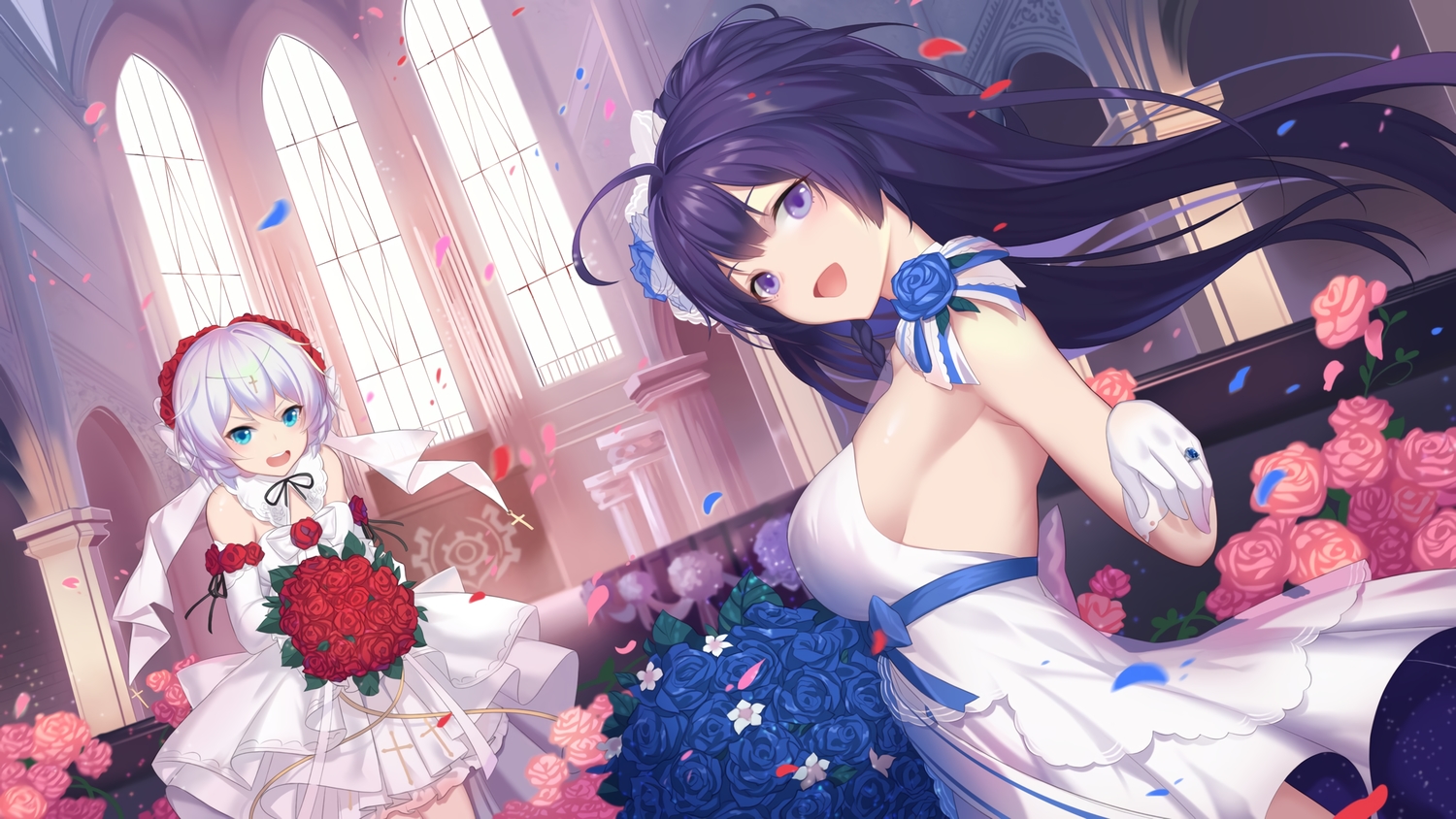 2girls, dress, elbow_gloves, flowers, gloves, honkai_impact, honkai_(series), l.kili, long_hair, purple_eyes, purple_hair, raiden_mei, rose, short_hair, theresa_apocalypse, wedding_attire, white_hair