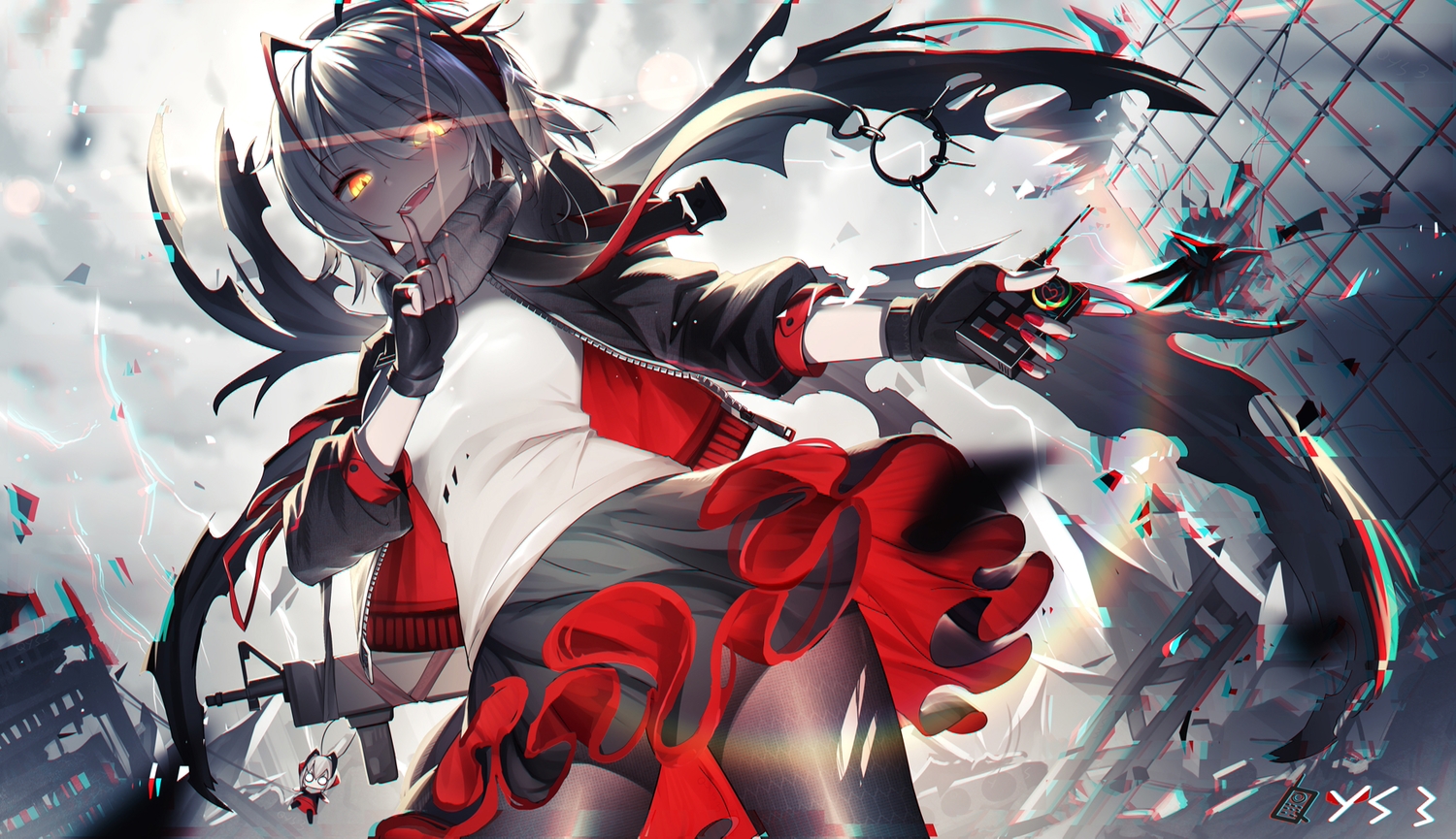 arknights, clouds, gray_hair, gun, headphones, pantyhose, ponytail, qys3