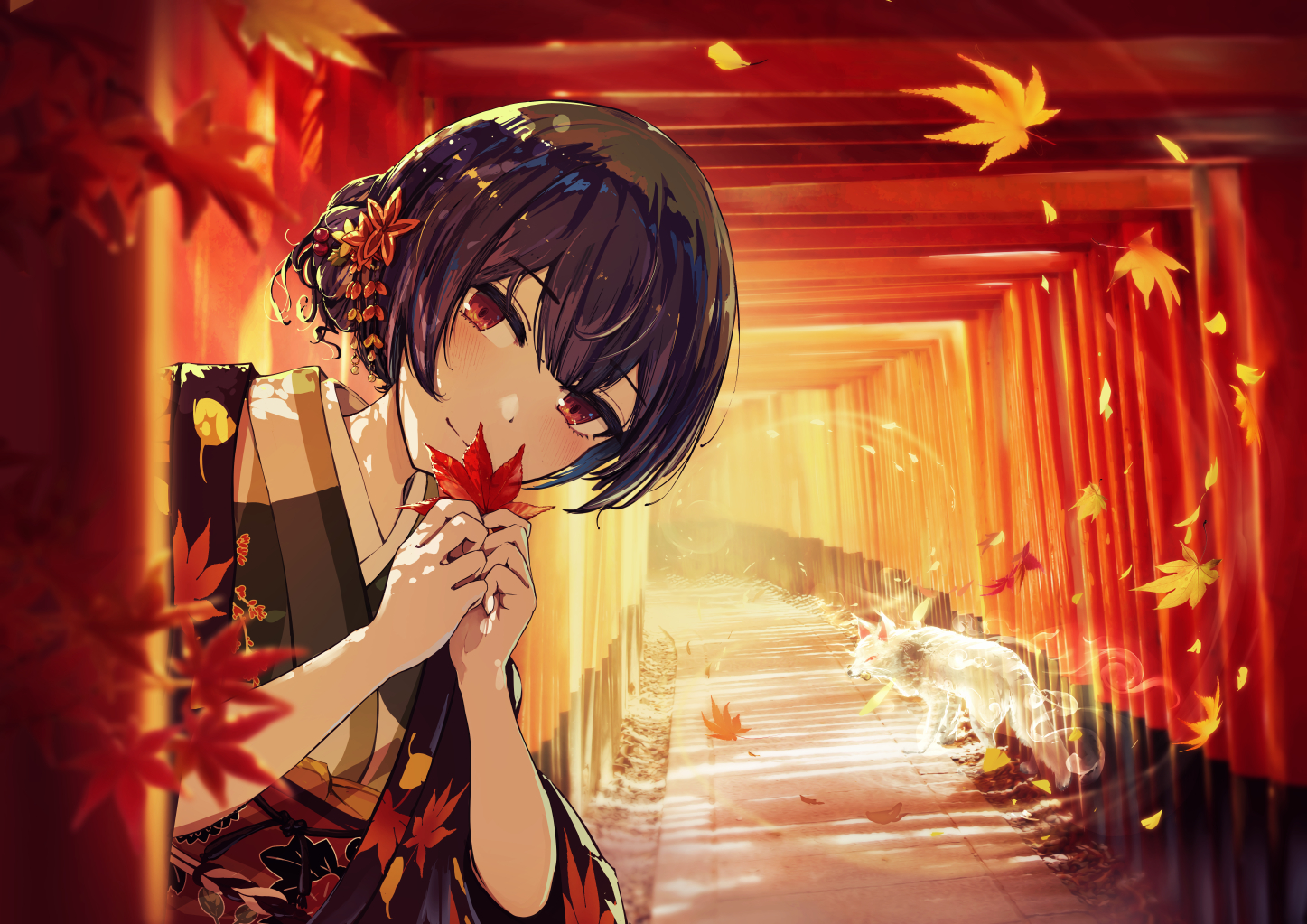 aliasing, animal, autumn, blush, fox, idolmaster, idolmaster_shiny_colors, leaves
