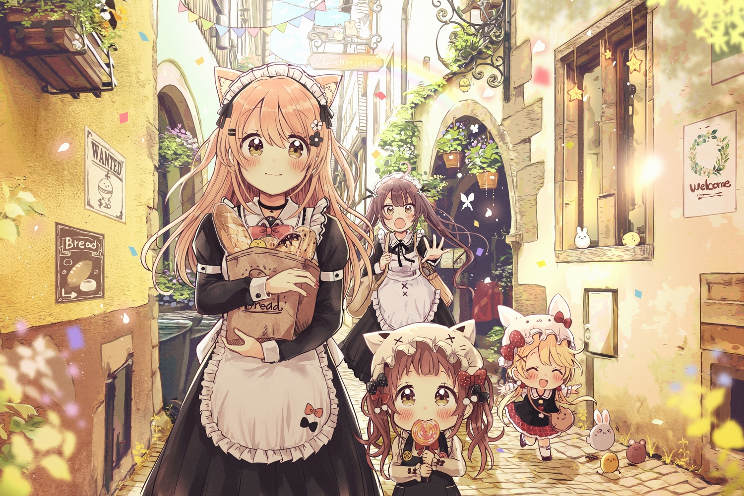 animal, animal_ears, apron, bird, blonde_hair, blush, brown_eyes, brown_hair