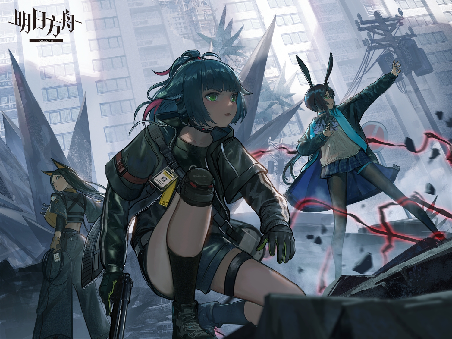 amiya_(arknights), animal_ears, arknights, brown_hair, bunny_ears, bunnygirl, catgirl, dobermann_(arknights), doggirl, jessica_(arknights), jun_(5455454541), logo, long_hair