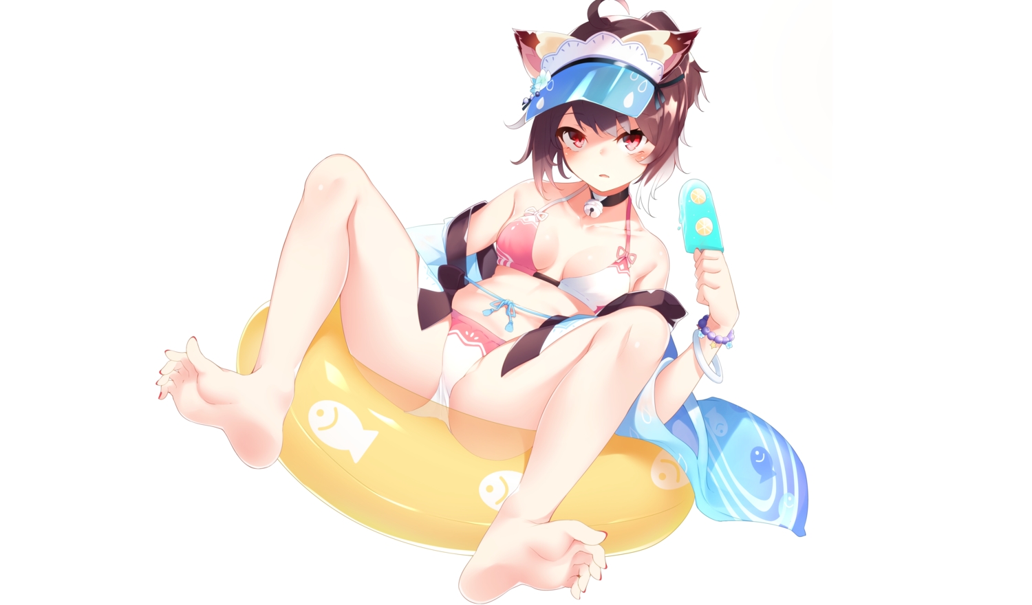 animal_ears, barefoot, bell, bikini, blush, breasts, brown_hair, catgirl, collar, food, fruit, hat, ichihime_(majsoul), japanese_clothes, kimono, mahjong_soul, open_shirt, otokuyou, ponytail, popsicle, red_eyes, short_hair, spread_legs, swim_ring, swimsuit, white, wristwear