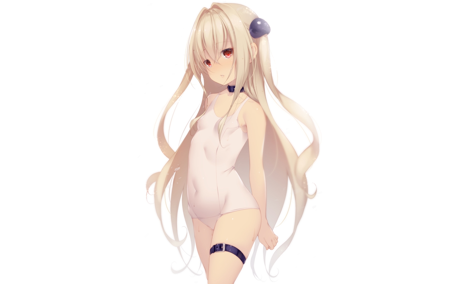 blonde_hair, collar, erect_nipples, garter, golden_darkness, long_hair, red_eyes, school_swimsuit, shokuyou_mogura, swimsuit, to_love_ru, twintails, white
